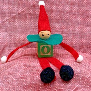 Elf on Wood Toy Block Santa’s Helper Red Felt Vintage